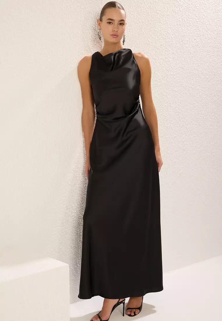 Black Bodycon Satin Woven Maxi Evening Prom Dress TPRSS25AE00066