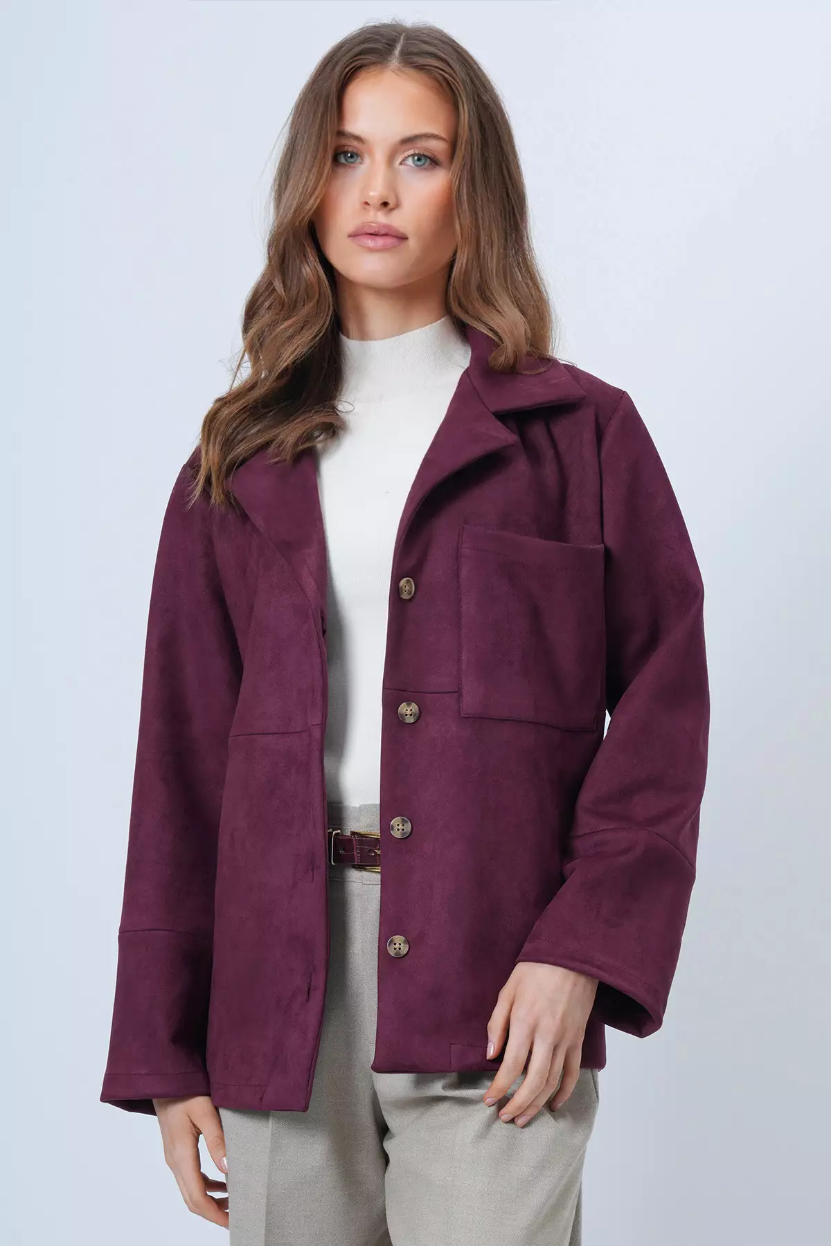 Mürdüm Single Pocket Faux Suede Jacket With Stitching Detail Alc-X14404