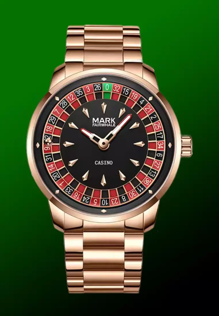 男女通用赌场石英表，43毫米，轮盘旋转表盘，不锈钢表带 - 玫瑰金, 黑色, 红色