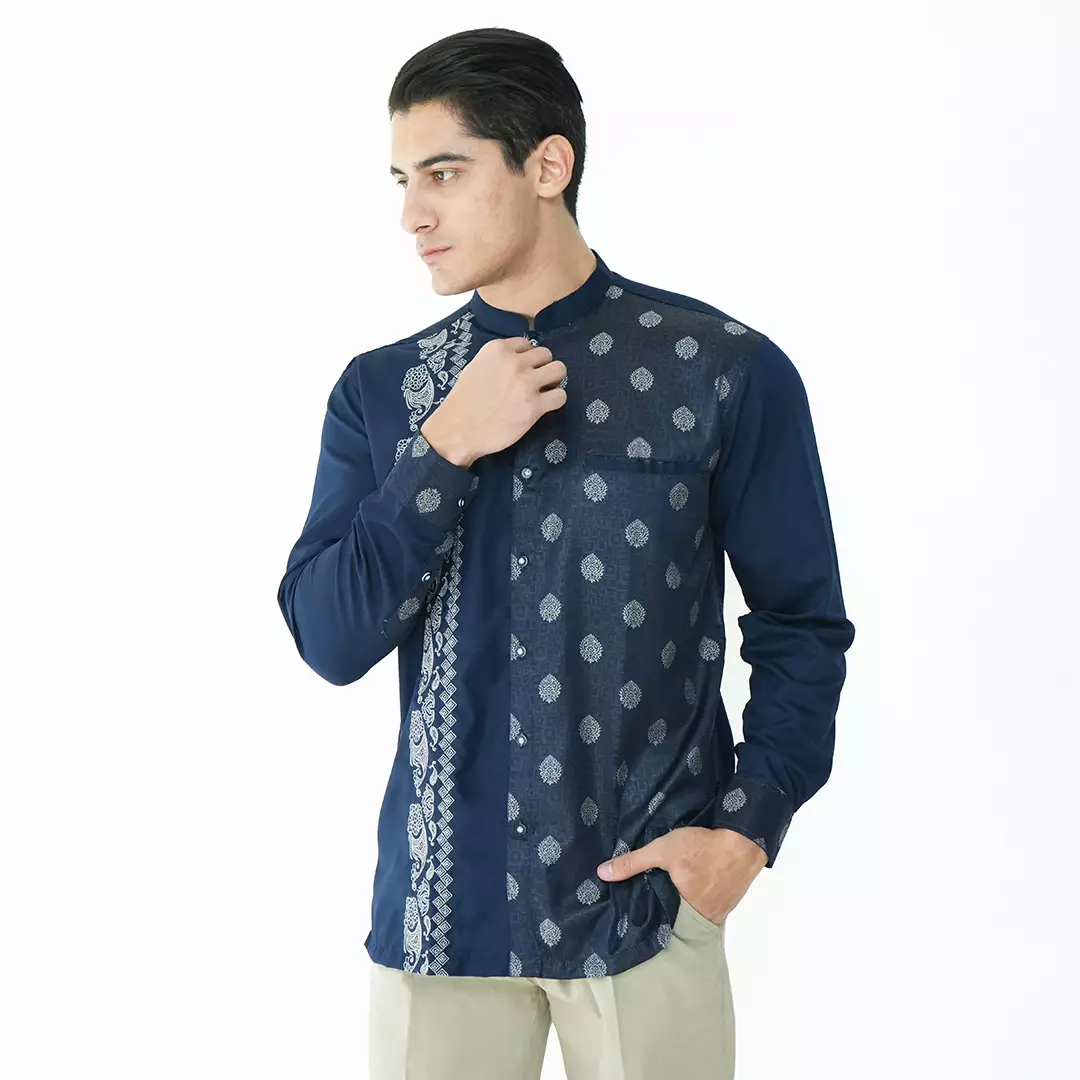 Casella Baju Koko Pria Lengan Panjang Premium | Baju Koko Batik Riyadh 9984 Navy