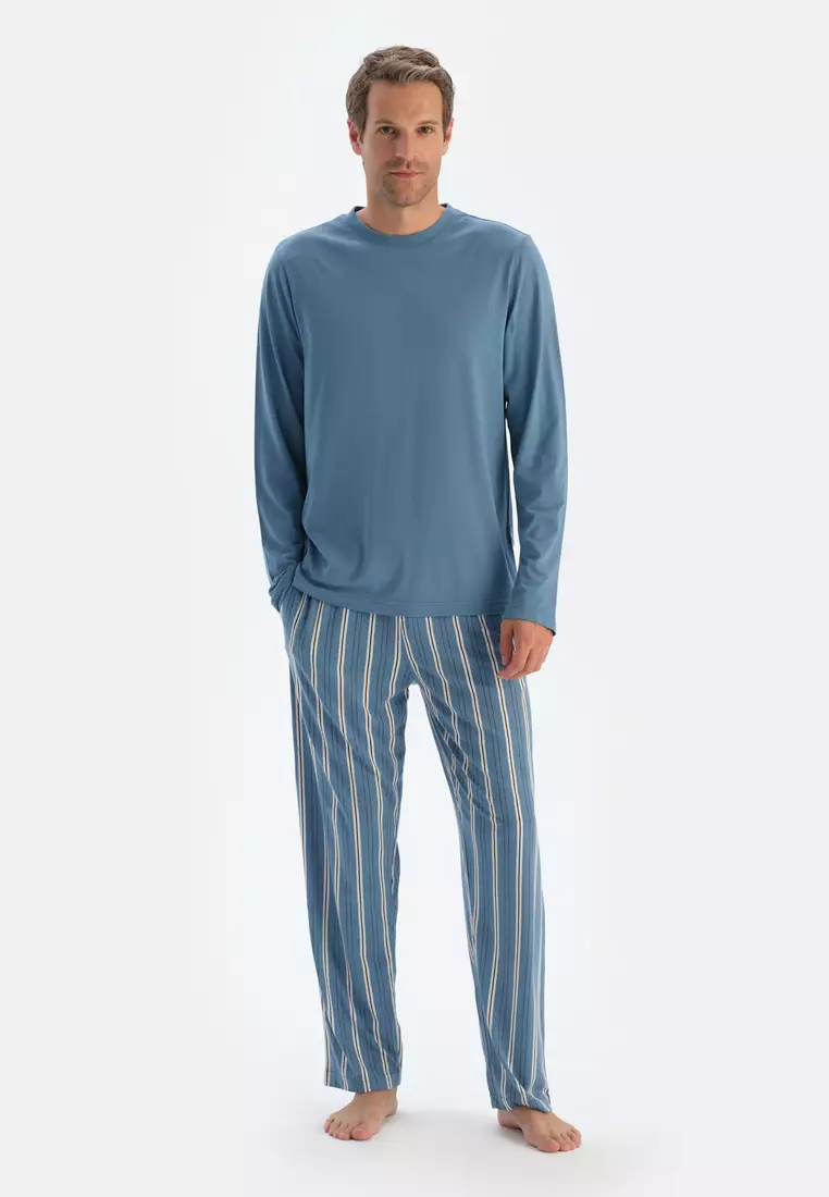 Blue T-Shirt & Trousers, Crew Neck, Regular Fit, Long Sleeve Sleepwear for Men