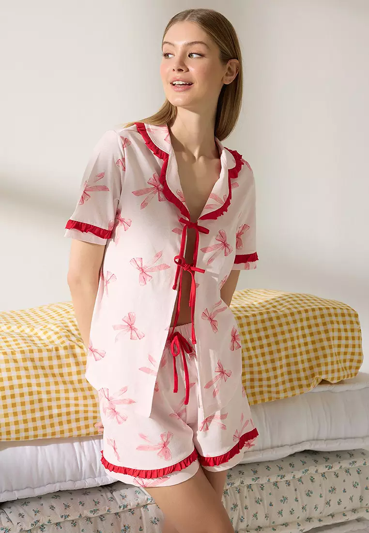 Pink 100% Cotton Ribbon/Bow Knitted Pajama Set with Ruffle Shorts THMSS25PT00293