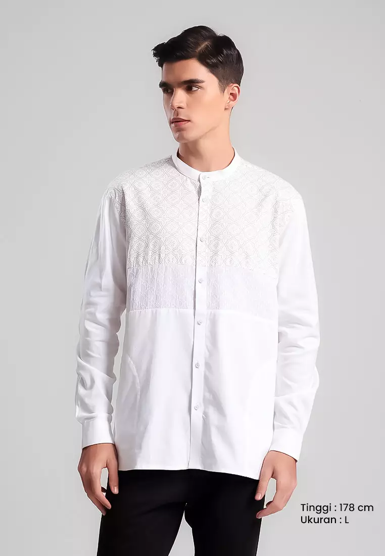 MANZONE - Kemeja Koko Lengan Panjang Pria Laith Comfort Fit - White Warna White