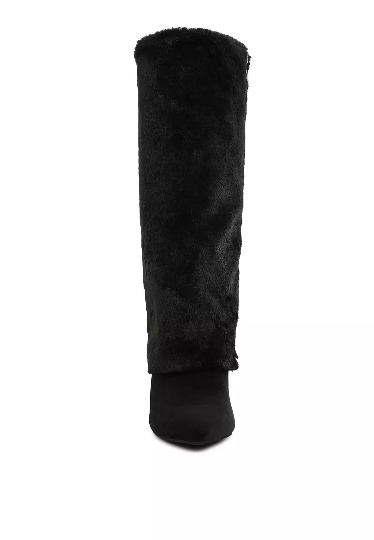 Fold-Over Calf-High Boots in Black