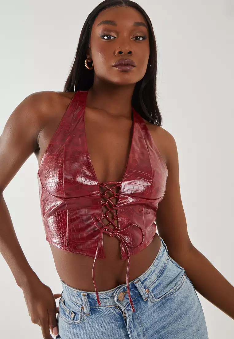 Pink Vanilla Wine Faux Snake Pu Lace Up Corset Top