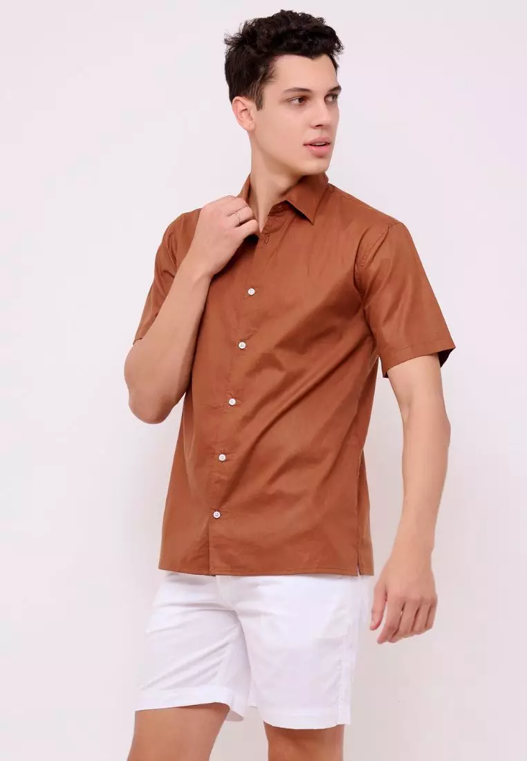 Luca Kemeja Pendek Pria Katun Organik Wood Coklat | Organic Cotton Short Sleeves Shirt Men Brown