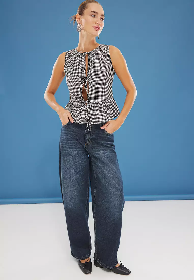 Black Gingham Front Tie Detail Woven Blouse