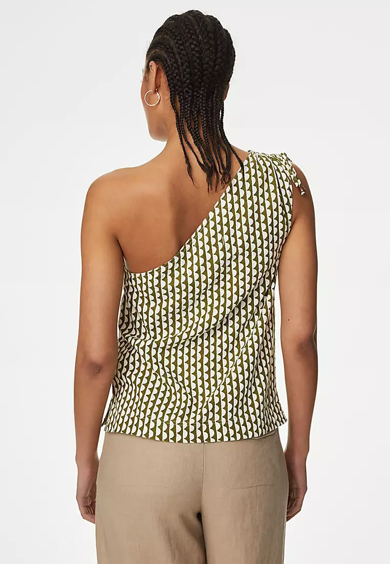 Linen Rich Printed One Shoulder Top