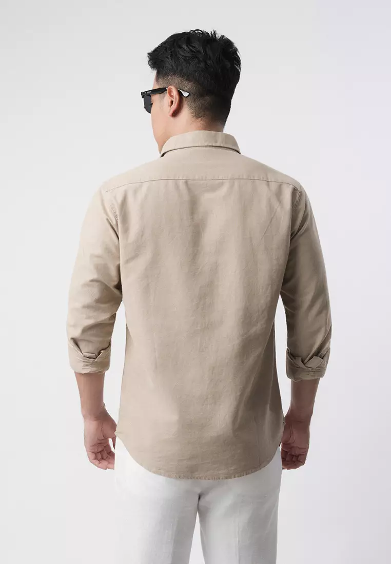 Linen Blend Slim Fit Shirt - Khaki LS