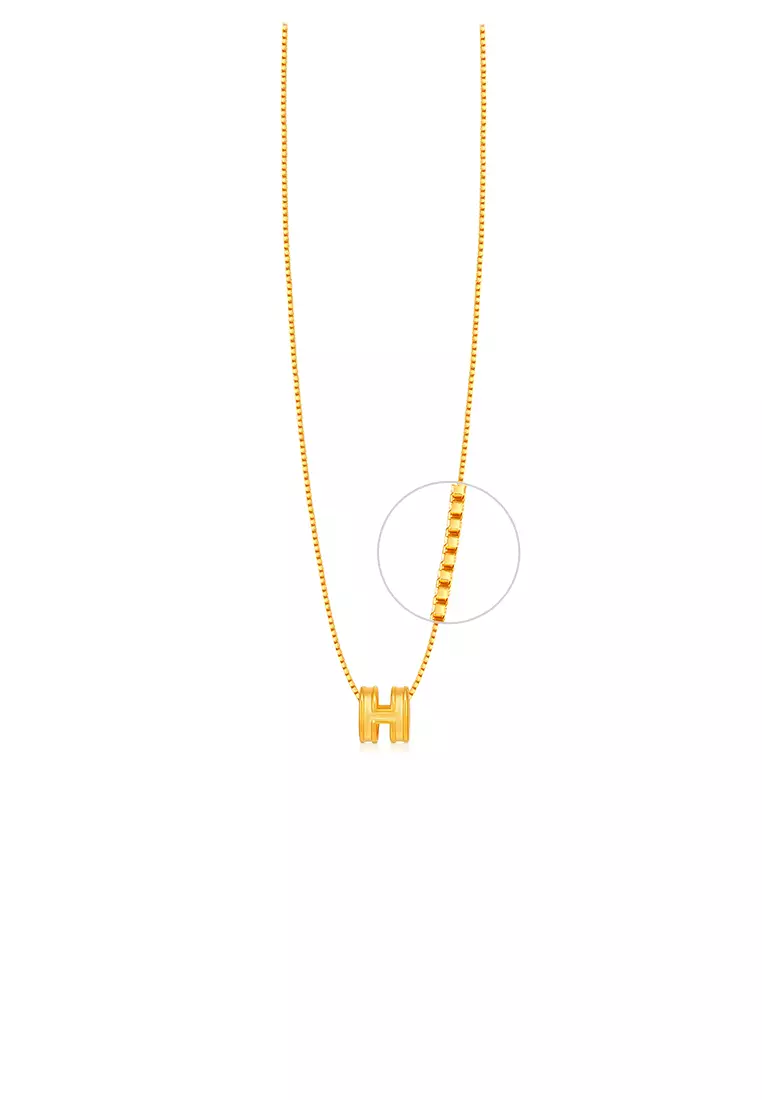 999.9/24K Pure Gold Mini H with 375/9K Gold Box Chain Necklace Set