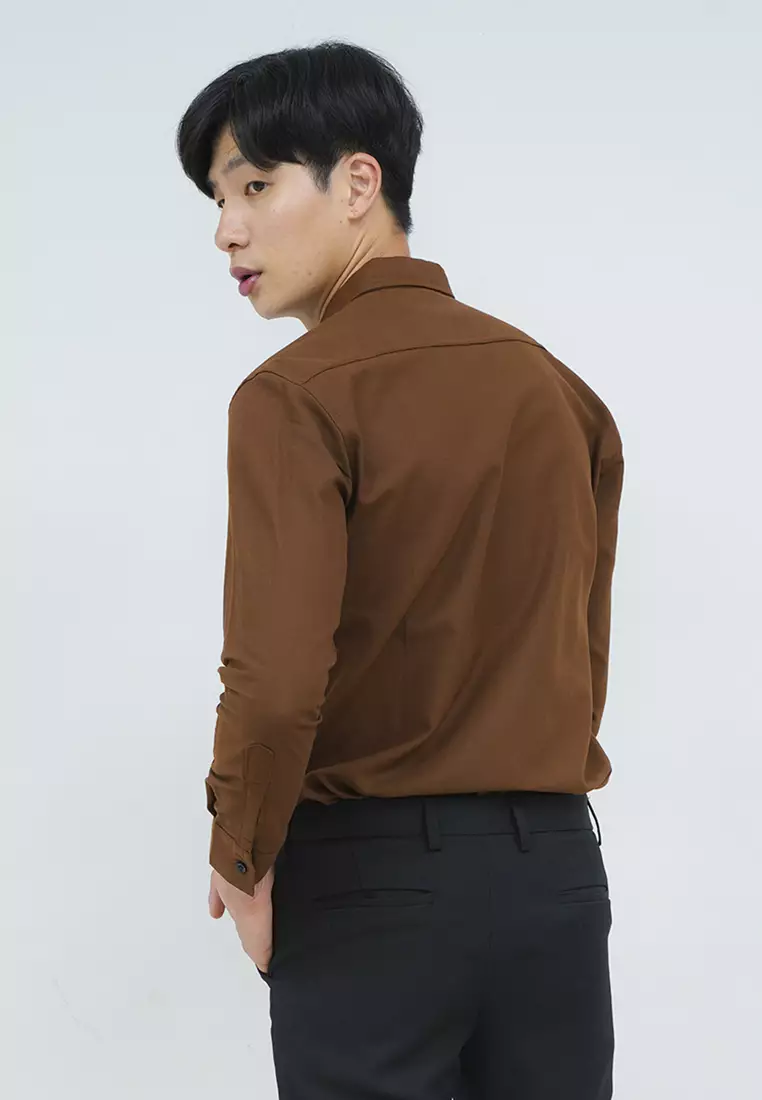 Kemeja lengan panjang pria formal slim fit brown houseofcuff