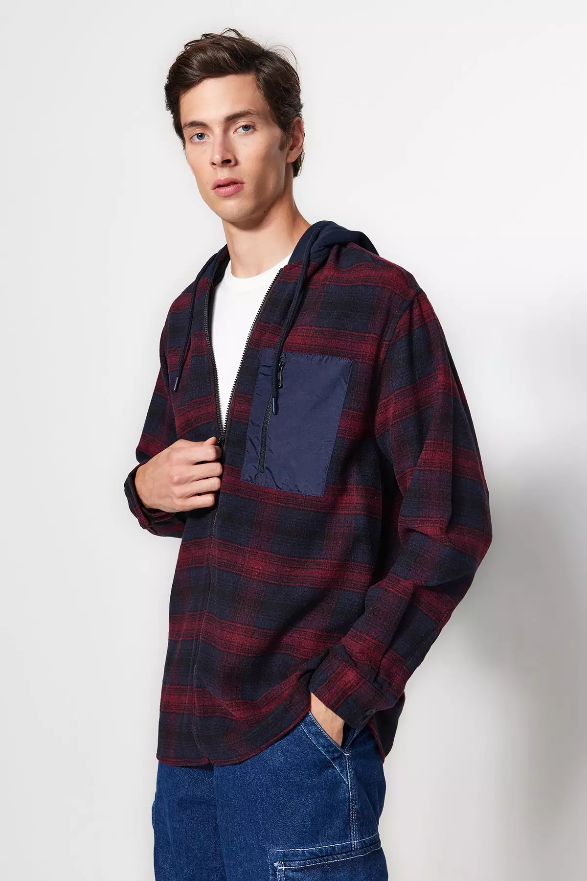 Navy Blue Men s Oversize Fit Hoodie and Checkered Shirt