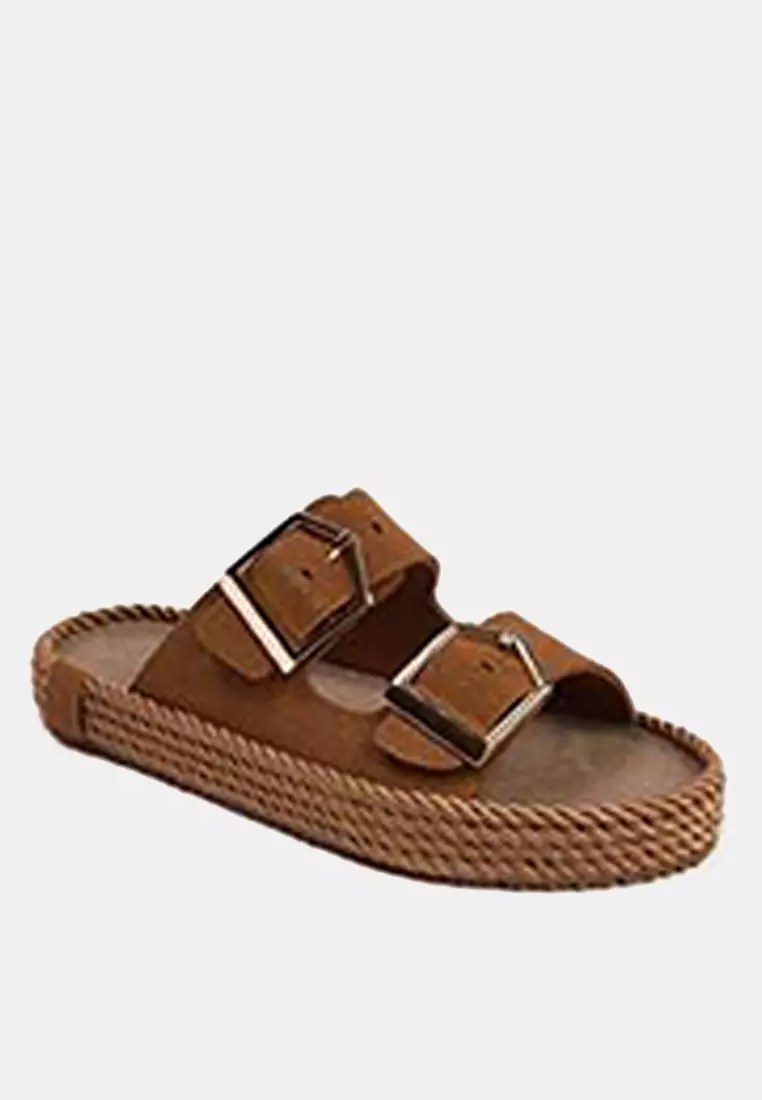 Tan Double Striped Gold Antique Buckle Women's Thick Sole Slippers Takss25Sd00073