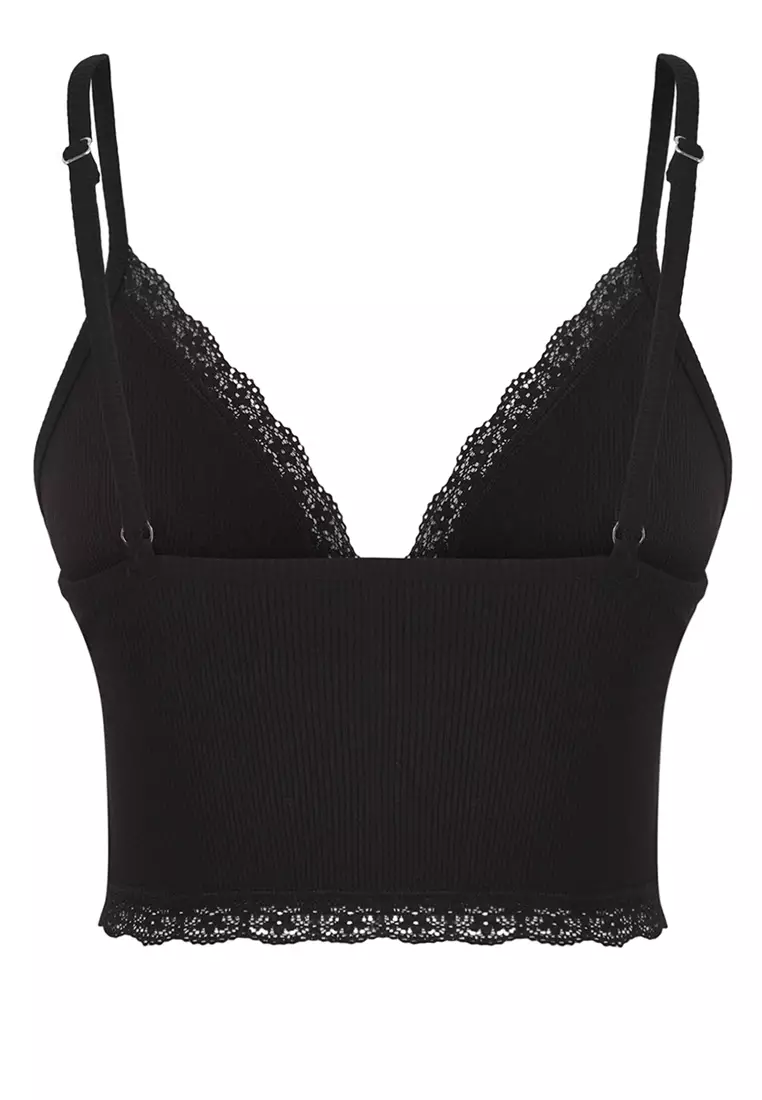 Black Ribbed Lace Detailed Cupless Bralette Knit Bra THMSS25SU00035