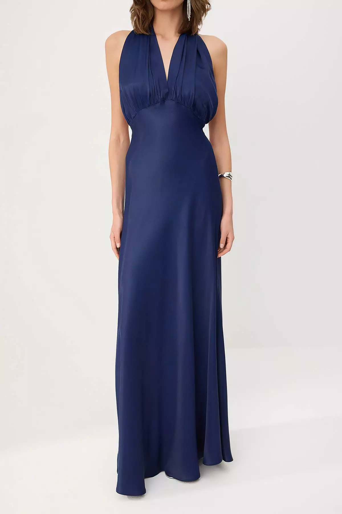 Navy Blue Halter Neck Tie-Detail Satin Maxi Evening Dress & Graduation Dress