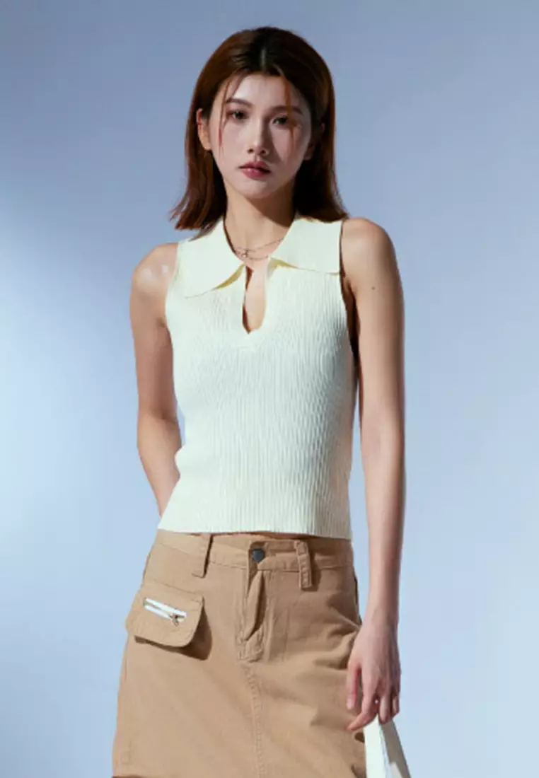 Buy X.O.X.O. Polo Neck Sleeveless Knit Top in Beige 2024 Online