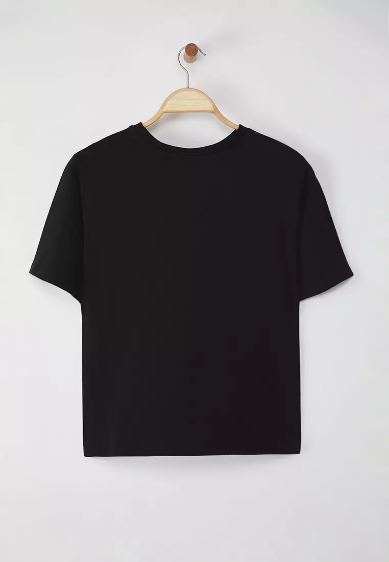 Black Regular Fit Crop Plus Size T-Shirt Tbbss25Bf00061