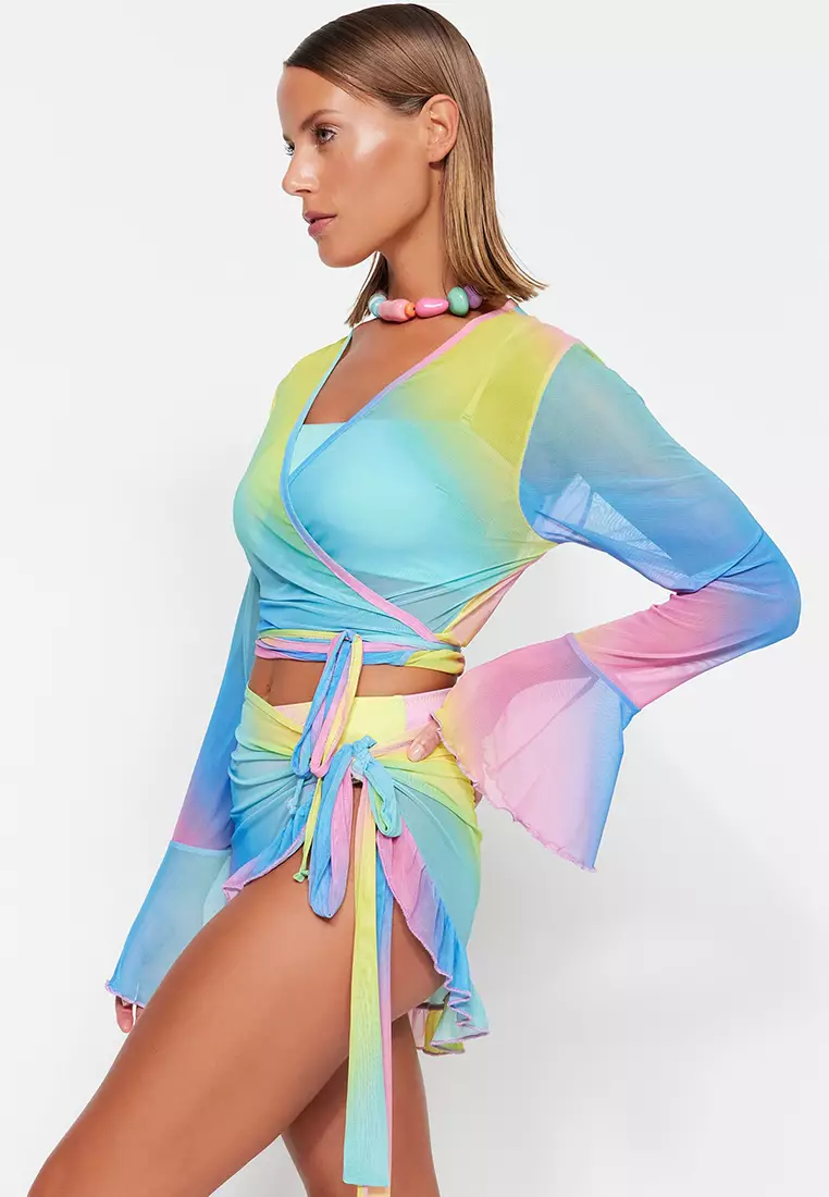 Gradient Patterned Knitted Tied Mesh Blouse Skirt Set