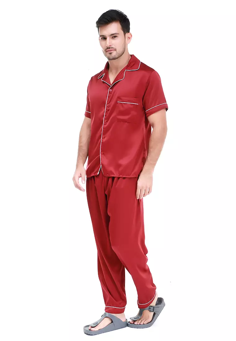 Klicin Setelan Baju Tidur Pendek Piyama Pria Plain One Set Sleepwear Pajamas Material Satin ORIGINAL