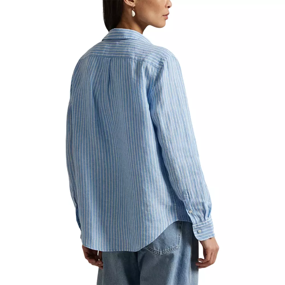 Classic Fit Striped Linen Long Sleeve Shirt Light Blue/White