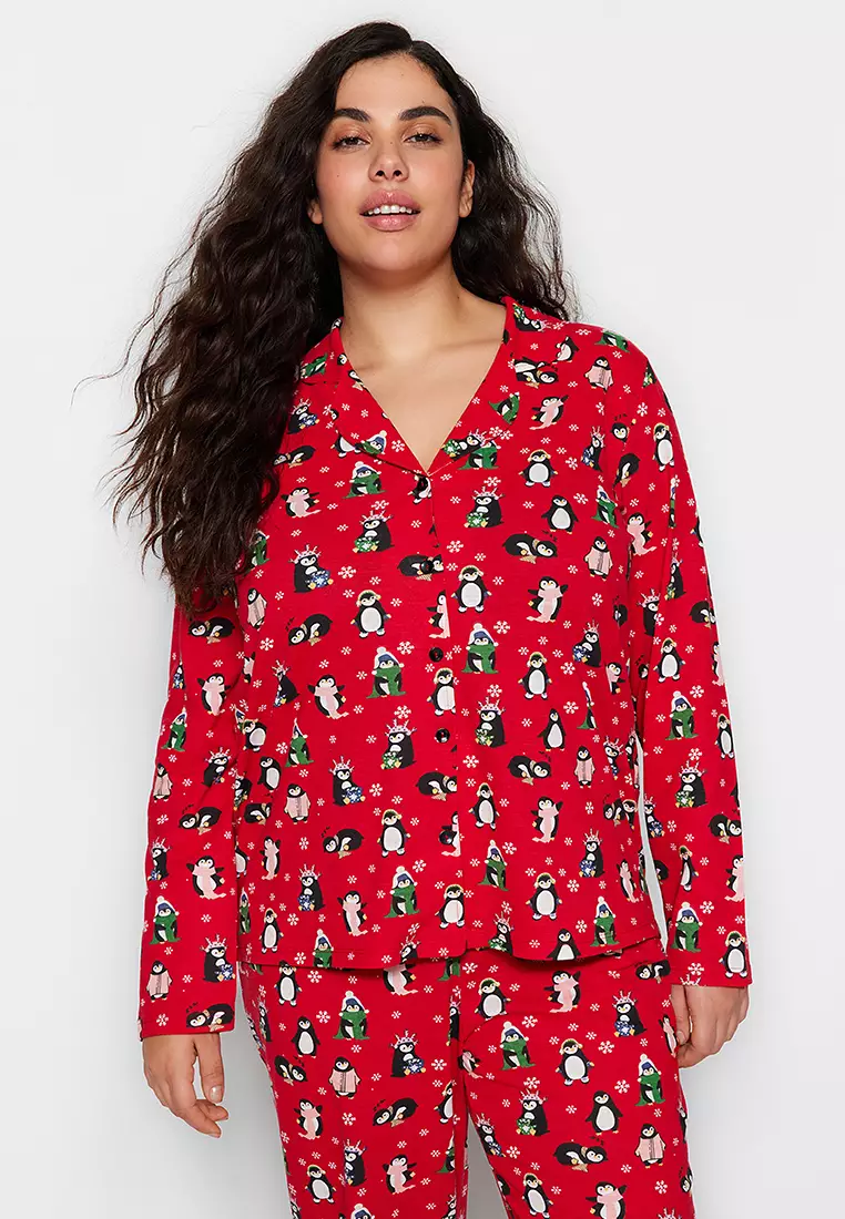 New Year's Themed Red Knitted Pajamas Set - Shirt Collar Tbbaw24Ai00002