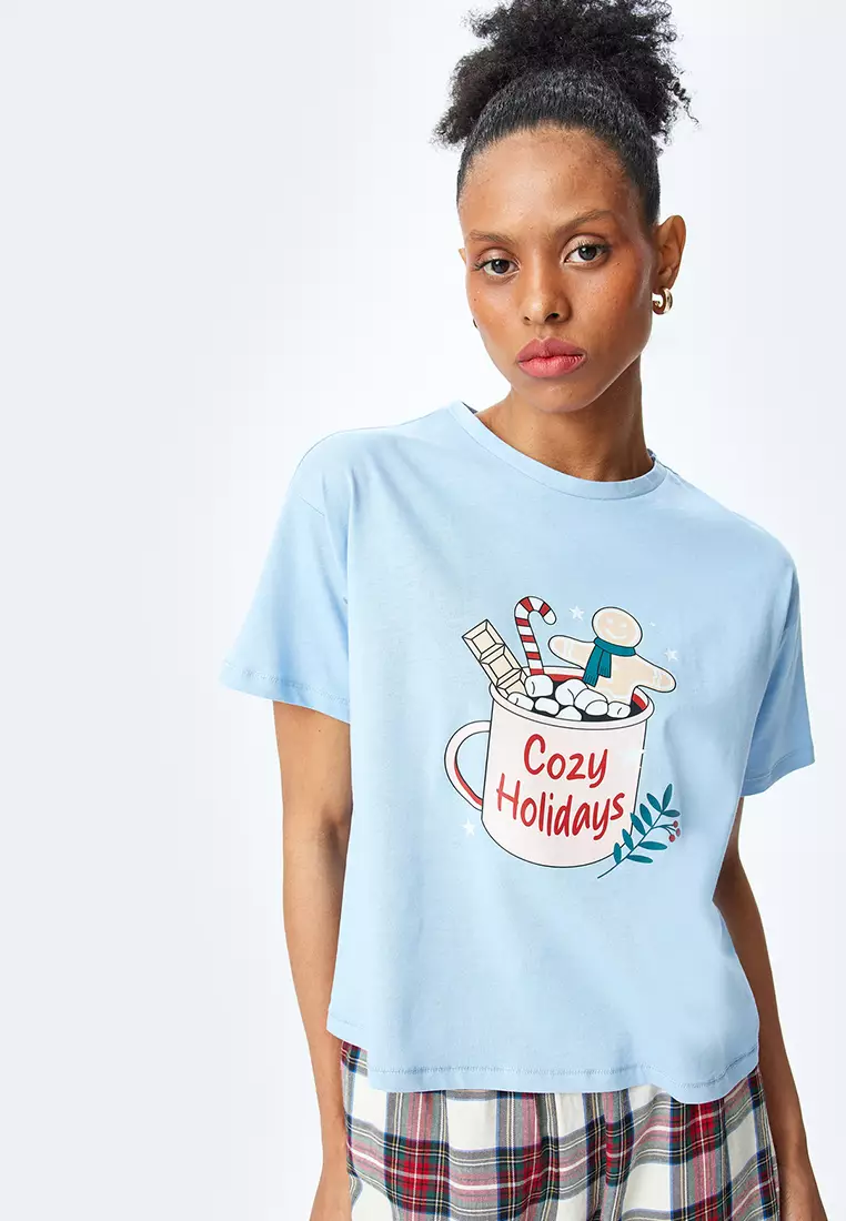 New Year'S Themed Printed Short Sleeve Pajama Top