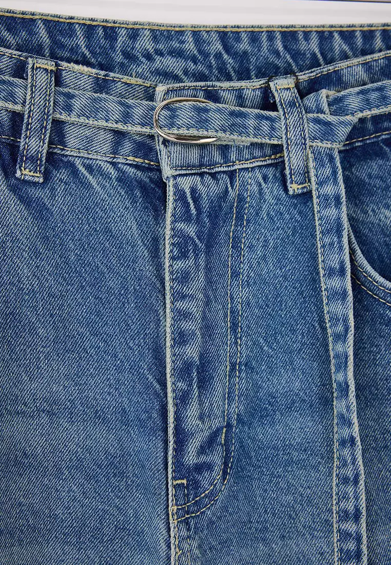 Blue Belted High Waist Wide Leg Wide Leg 1% Cotton Jeans Twoss26Je85