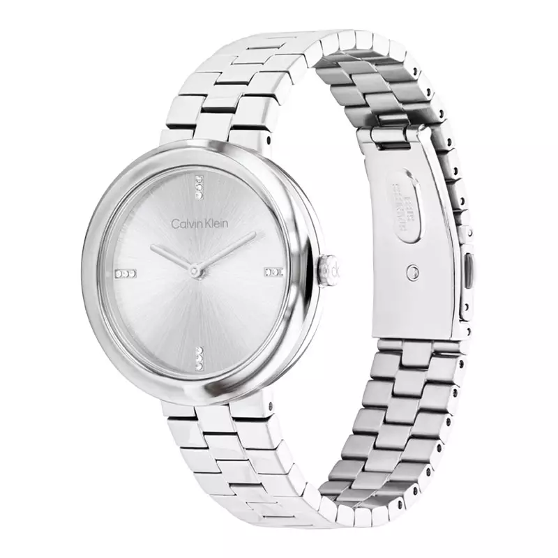 Jam Tangan Wanita Calvin Klein Twisted Bezel 25100093 Sunray Silver Dial Stainless Steel Strap