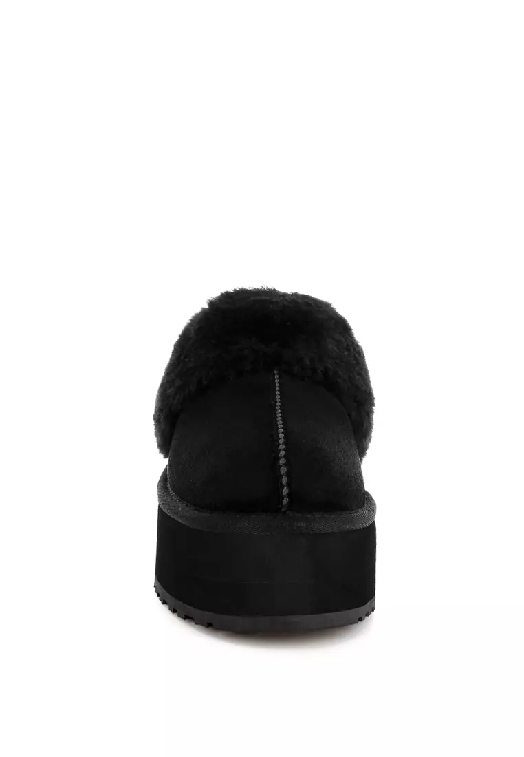 Faux Fur Trim Platform Classic Slingback in Black