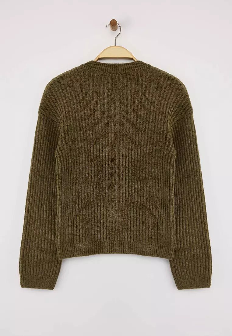 Khaki Soft Textured Button Detailed Knitwear Cardigan