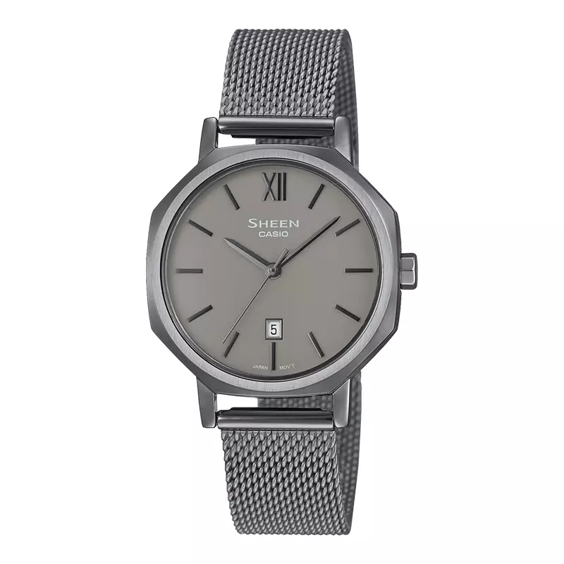 Jam Tangan Wanita Casio Sheen SHE-4554GYM-8AUDF Ladies Grey Dial Gunmetal Stainless Steel Mesh Band
