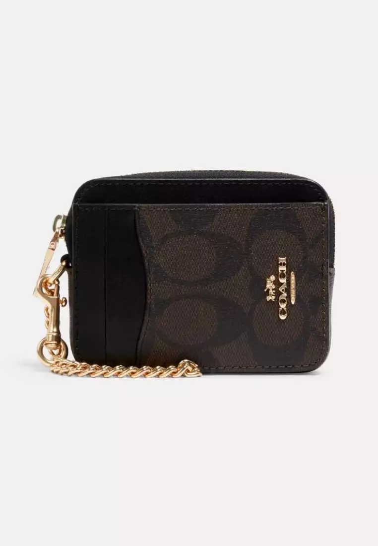 Jual COACH Coach Zip Card Case In Signature Canvas Brown Black Original