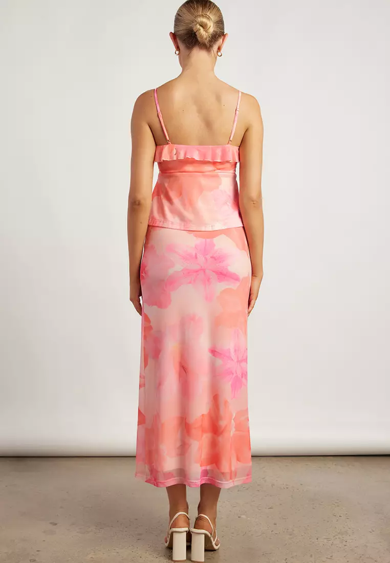 Tropical Floral Print Front Slit Mesh Top & Skirt Set