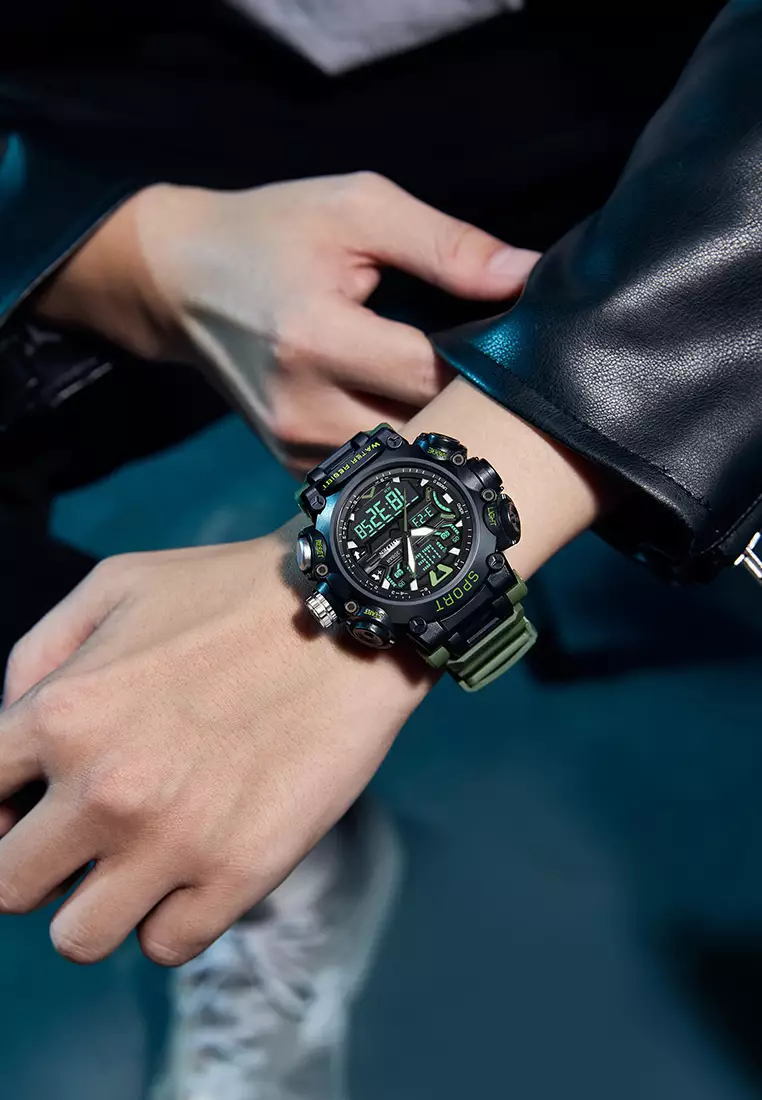 Jam Tangan Pria Digital Anti Air Original Olahraga Multifungsi Bercahaya Alarm Jam Tangan Cowok green