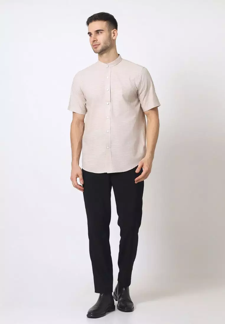 Cotton Well Zayn Shirt Khaki | Kemeja Koko Oxford Slub Lengan Pendek Cream