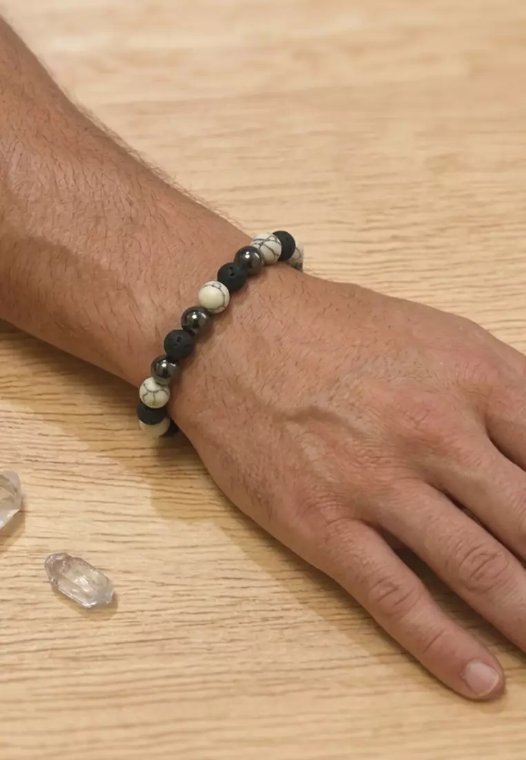 Aksesoris Gelang Pria Lava Stone, Hematite & Howlite  Bracelet  Black & White