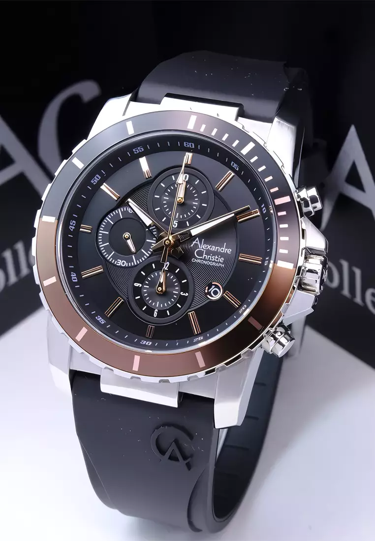 Alexandre Christie - Jam Tangan Chronograph Pria - Silver Case Black Rubber Strap - 6141MCRSSBARG