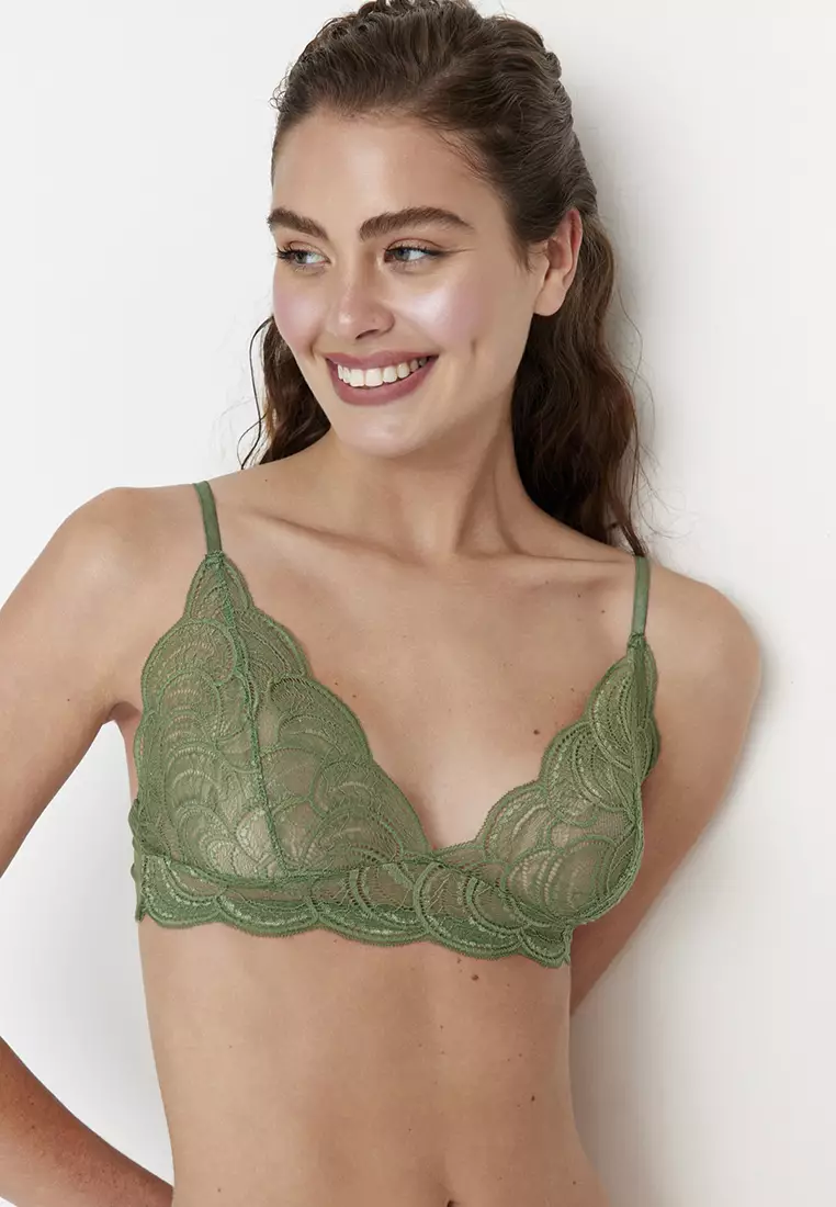 Ribbed seamless lace bralette, Sage Green