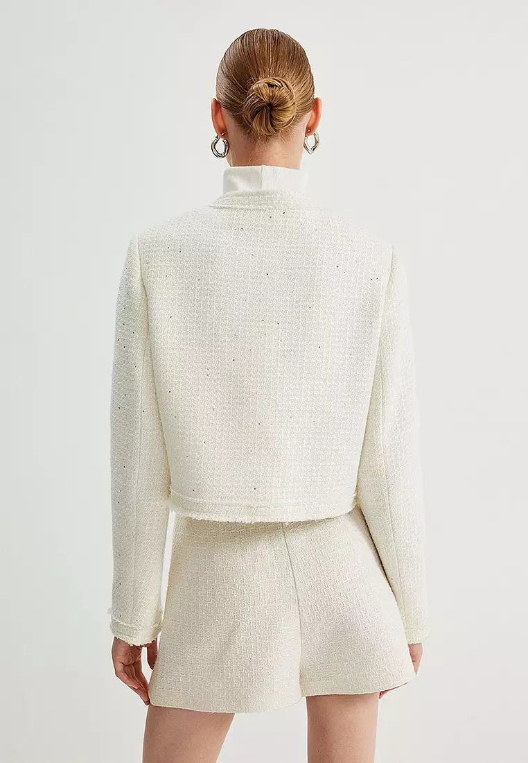 Glittery Round Neck Tweed Jacket