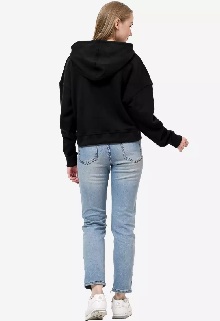 TONIQUE Wanita Crop Hoodie Katun Fleece Hitam MIA Womens Regular Fit Cotton Fleece Crop Hoodie Black