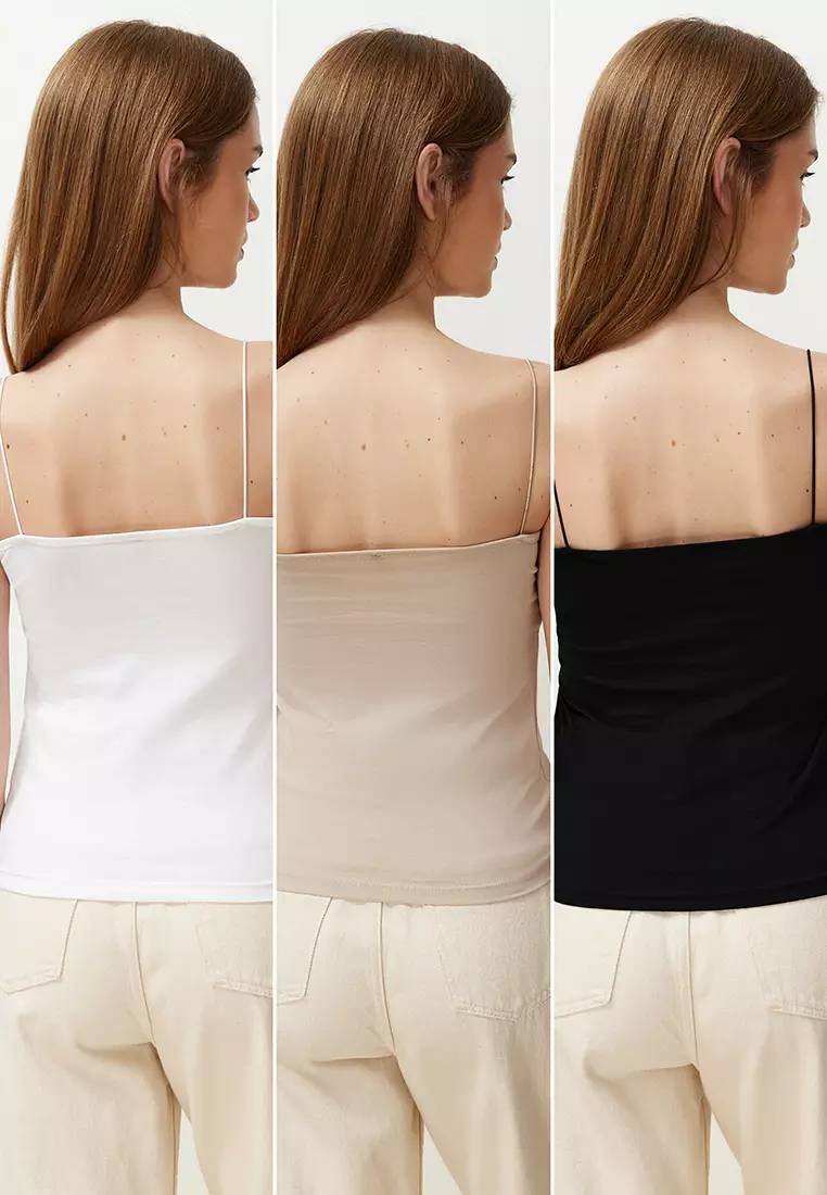 Black-White-Beige 3-Pack Strappy Square Neck Flexible Knitted Undershirt