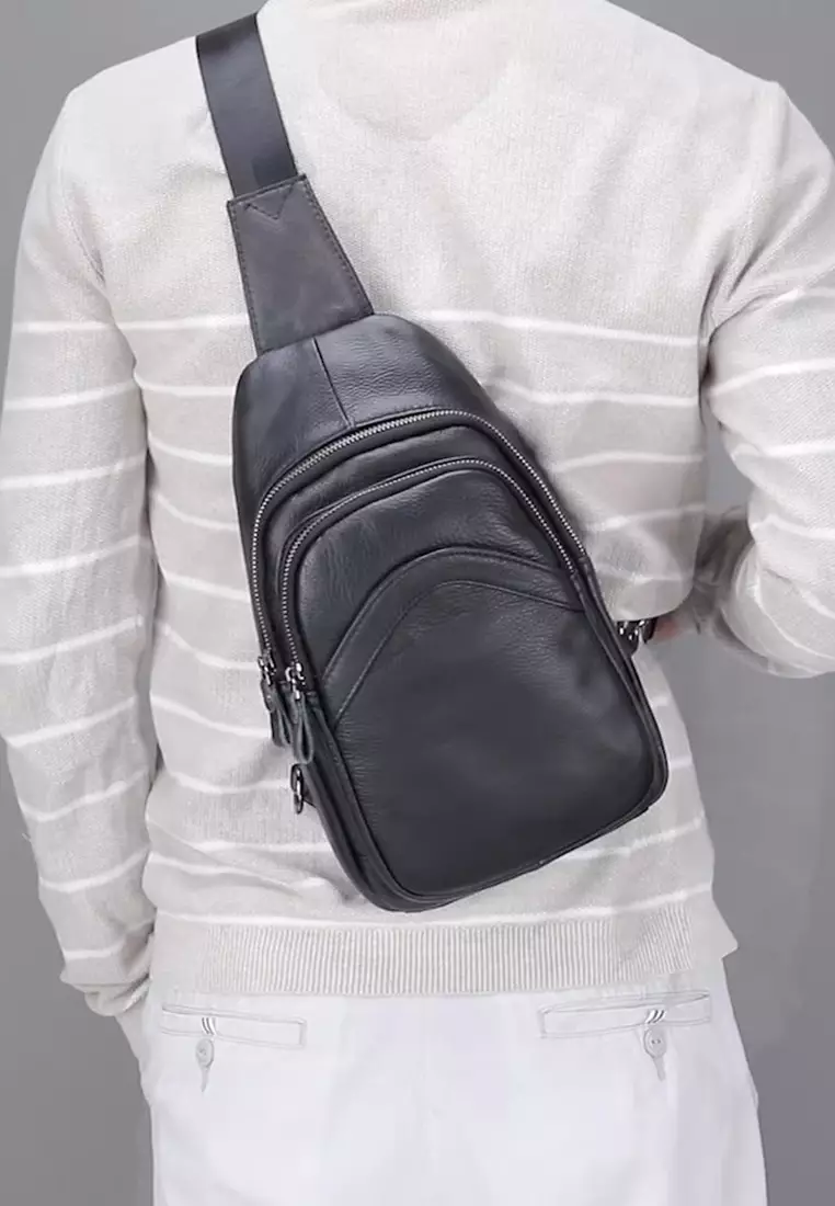 Men's Soft Cow Leather Zipper Belt Bags Chest Bags