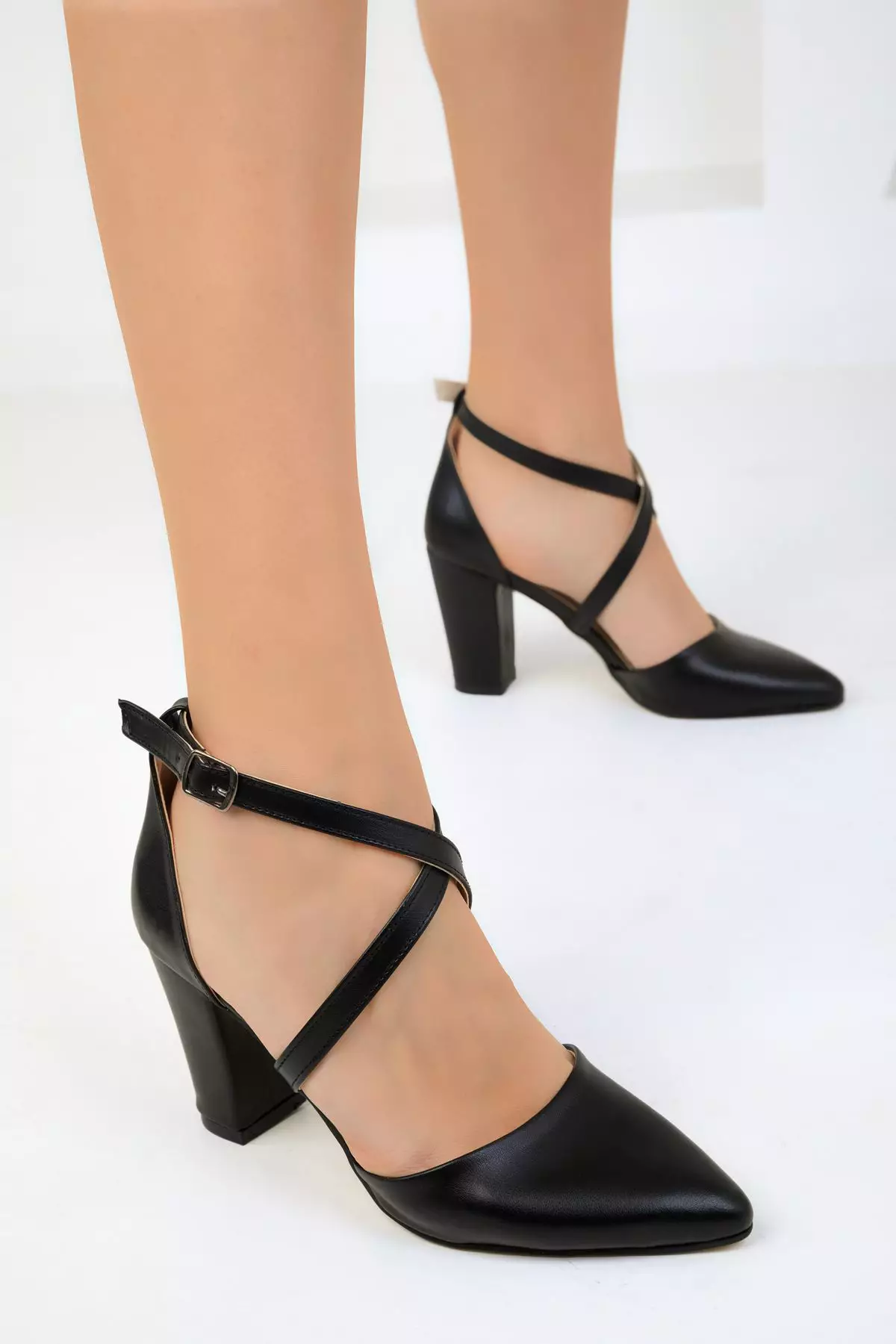 Pointed Toe Crossover Strap Block Heels