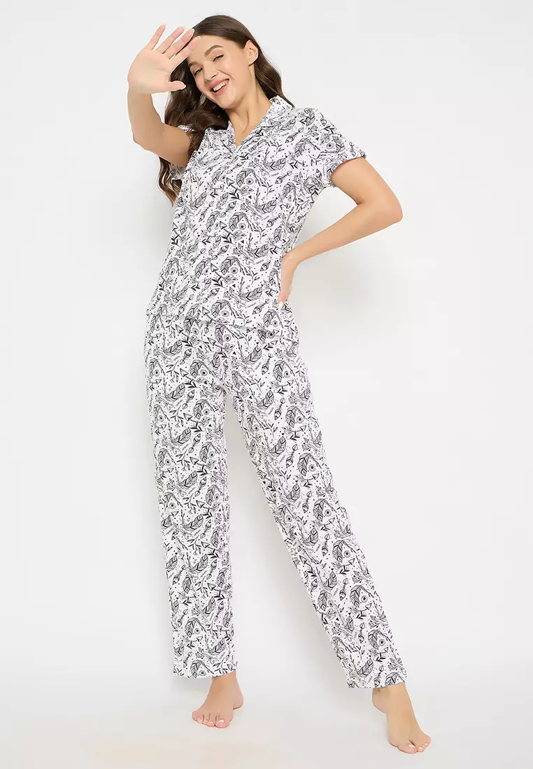 Clovia Printed Button Down Shirt & Pyjama Set in White - 100% Cotton