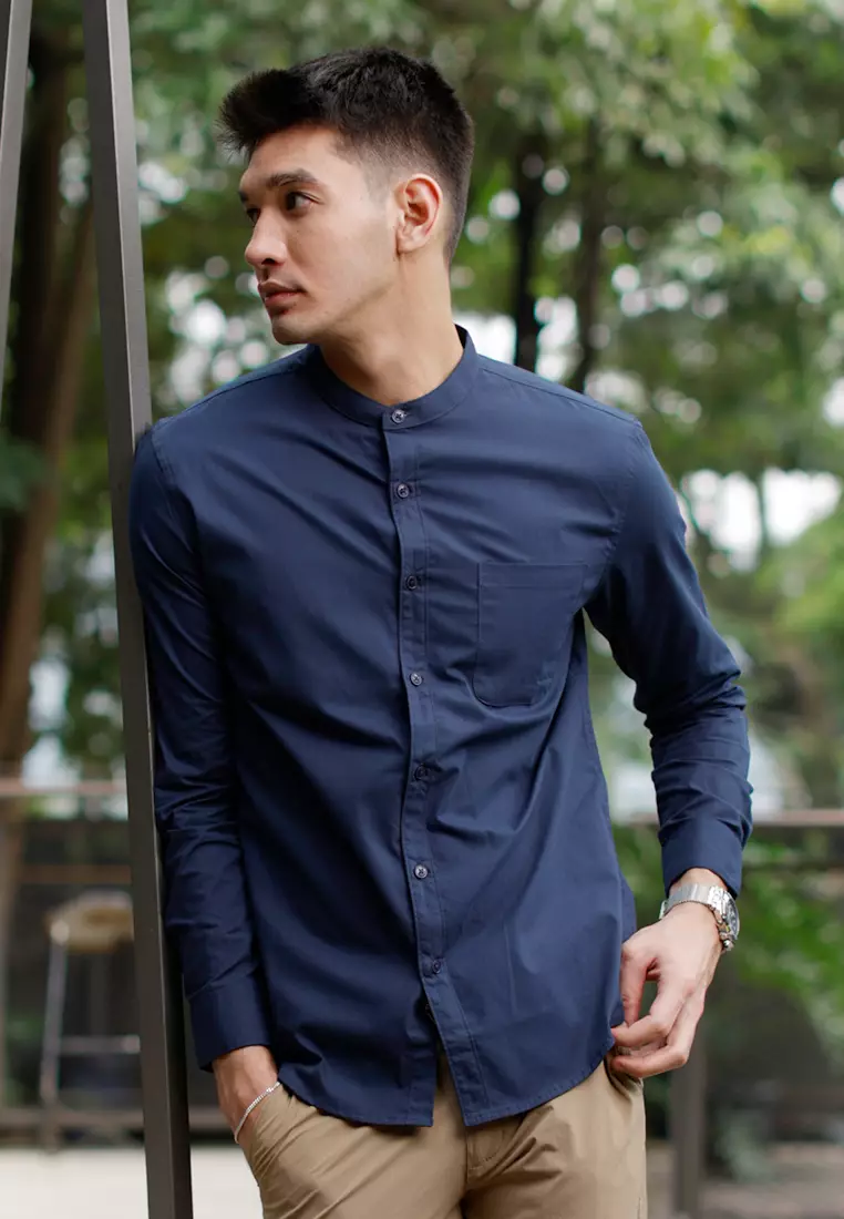 Oxcon Collarless Long Sleeve Business Shirt soft cotton Navy