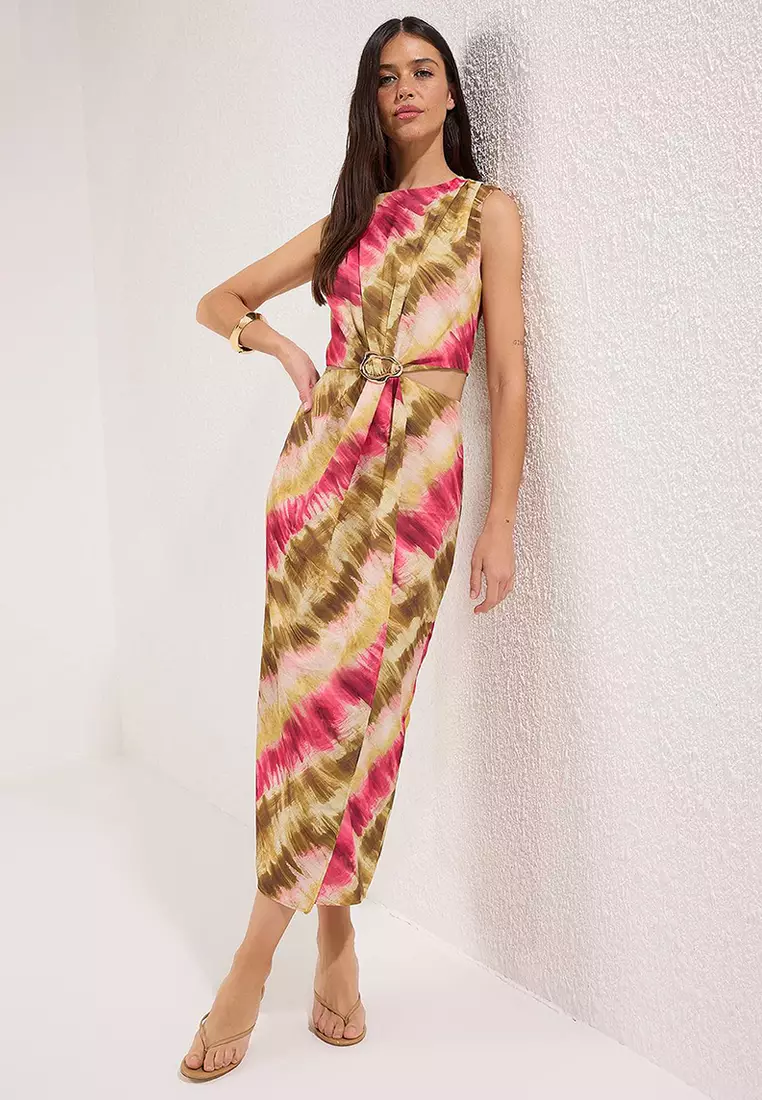 Multicolored Abstract Patterned Waist Low Cut Maxi Dress