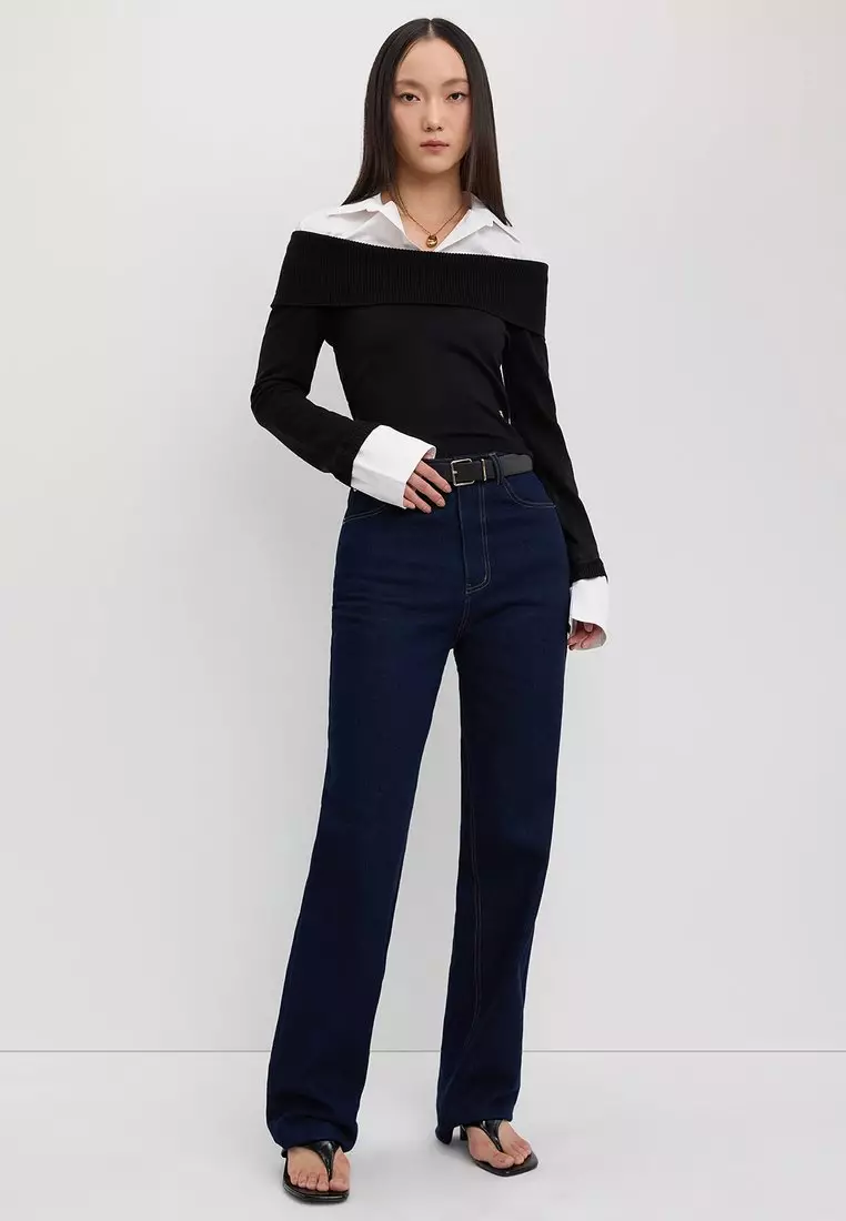 Layered-Effect Ribbed Knit Sweater - Black