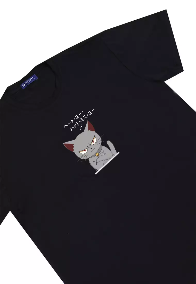 MTU11 Kaos Gambar Kucing Pria "cat quote" instacool lengan pendek hitam