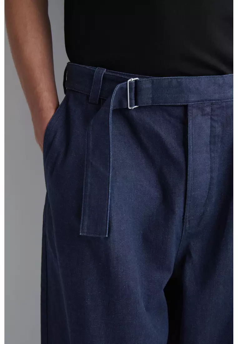 BELTED DENIM RELAXED-FIT BARREL-LEG TROUSERS