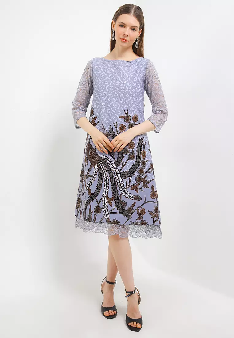 Dress Batik Wanita Furing Kombinasi Lace Brukat Emira Grey